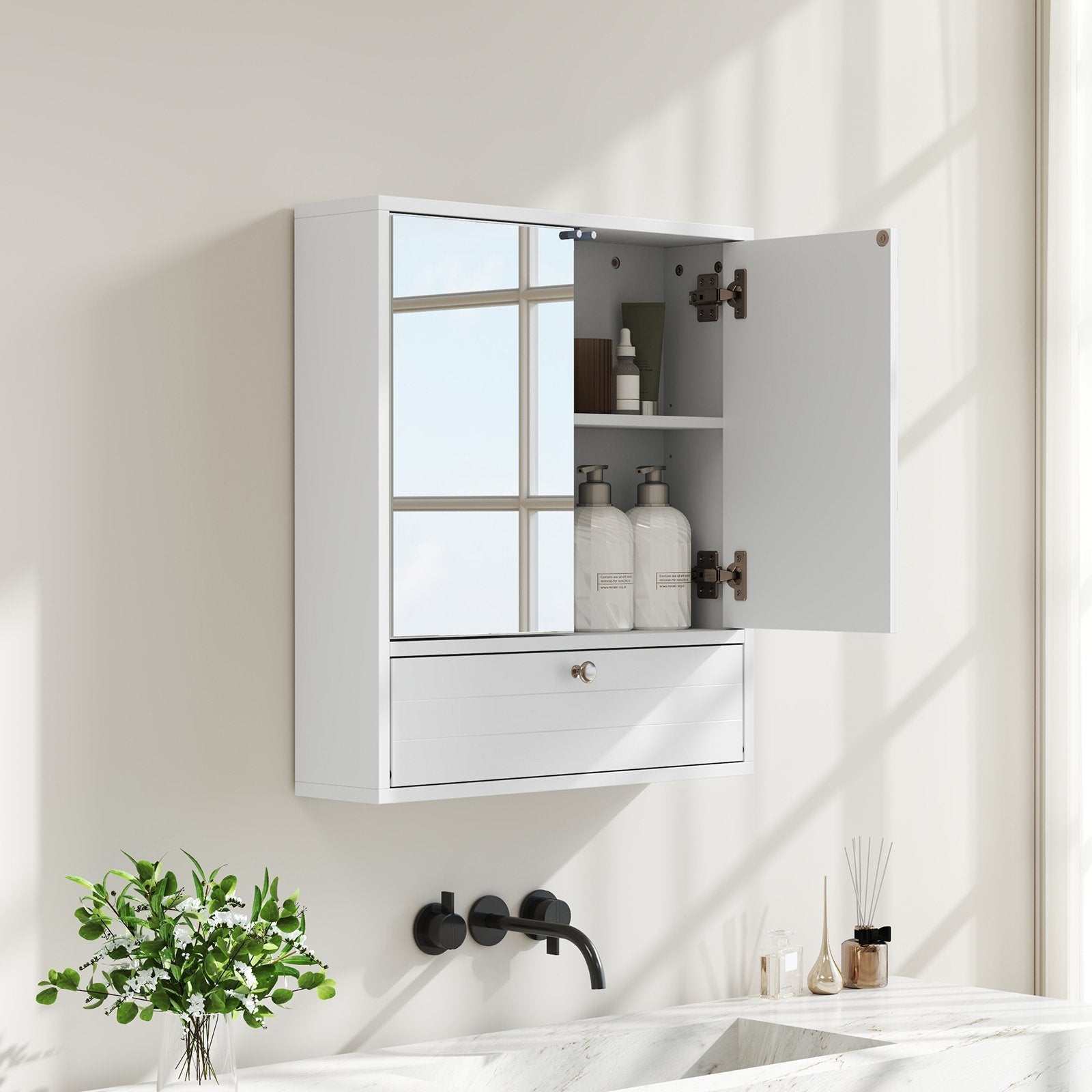 Bathroom Double Mirror Door Wall Mount Storage Wood Cabinet