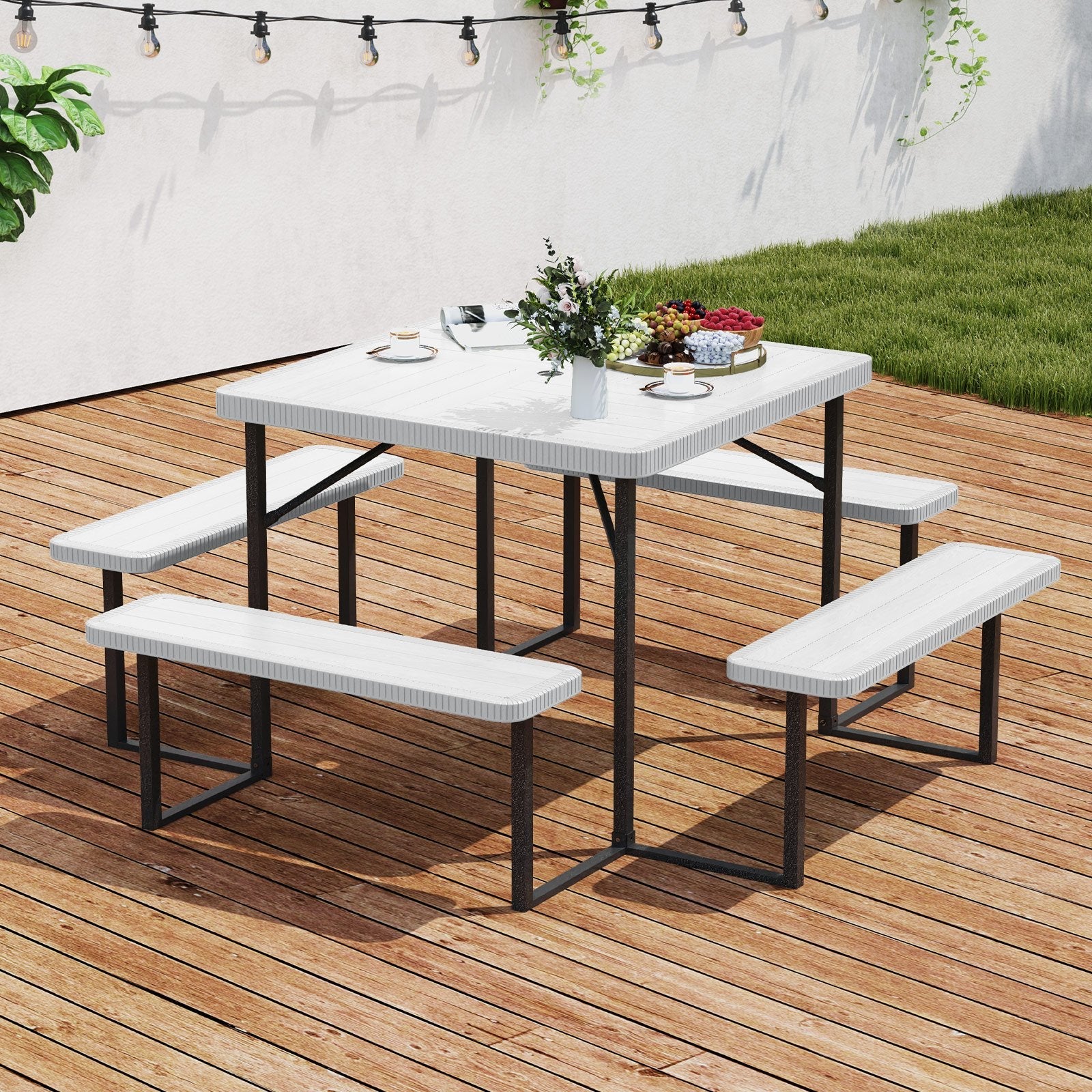 Outdoor Square Picnic Table Bench Set for 4-8 People with Umbrella Hole-Black