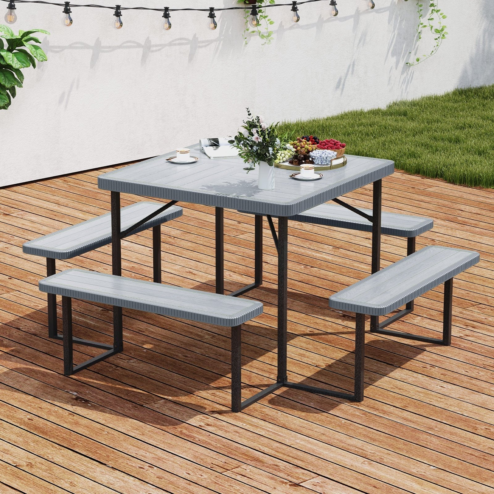 Outdoor Square Picnic Table Bench Set for 4-8 People with Umbrella Hole-Black