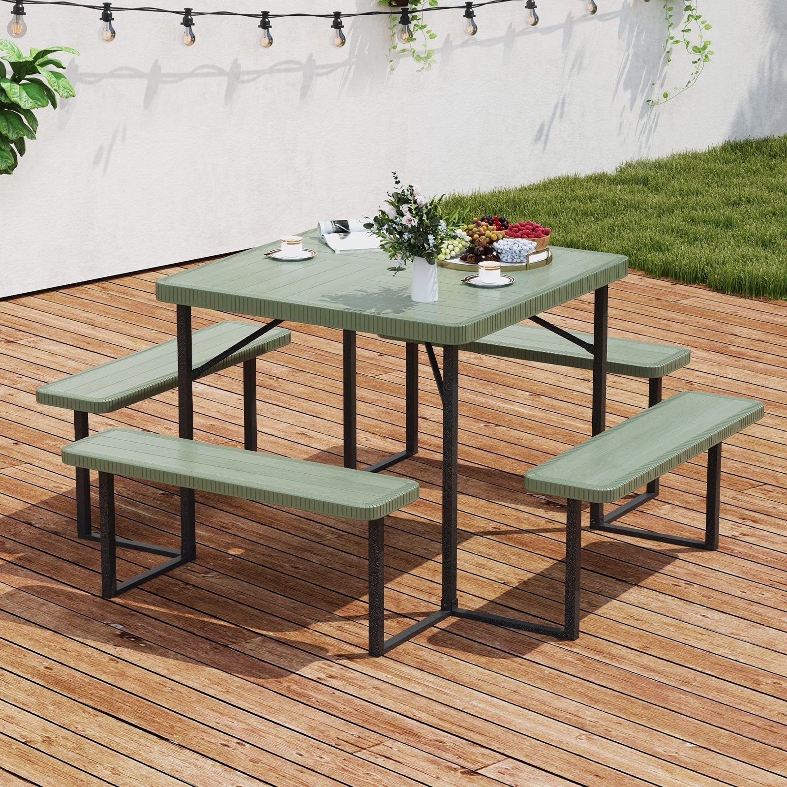 Outdoor Square Picnic Table Bench Set for 4-8 People with Umbrella Hole-Black