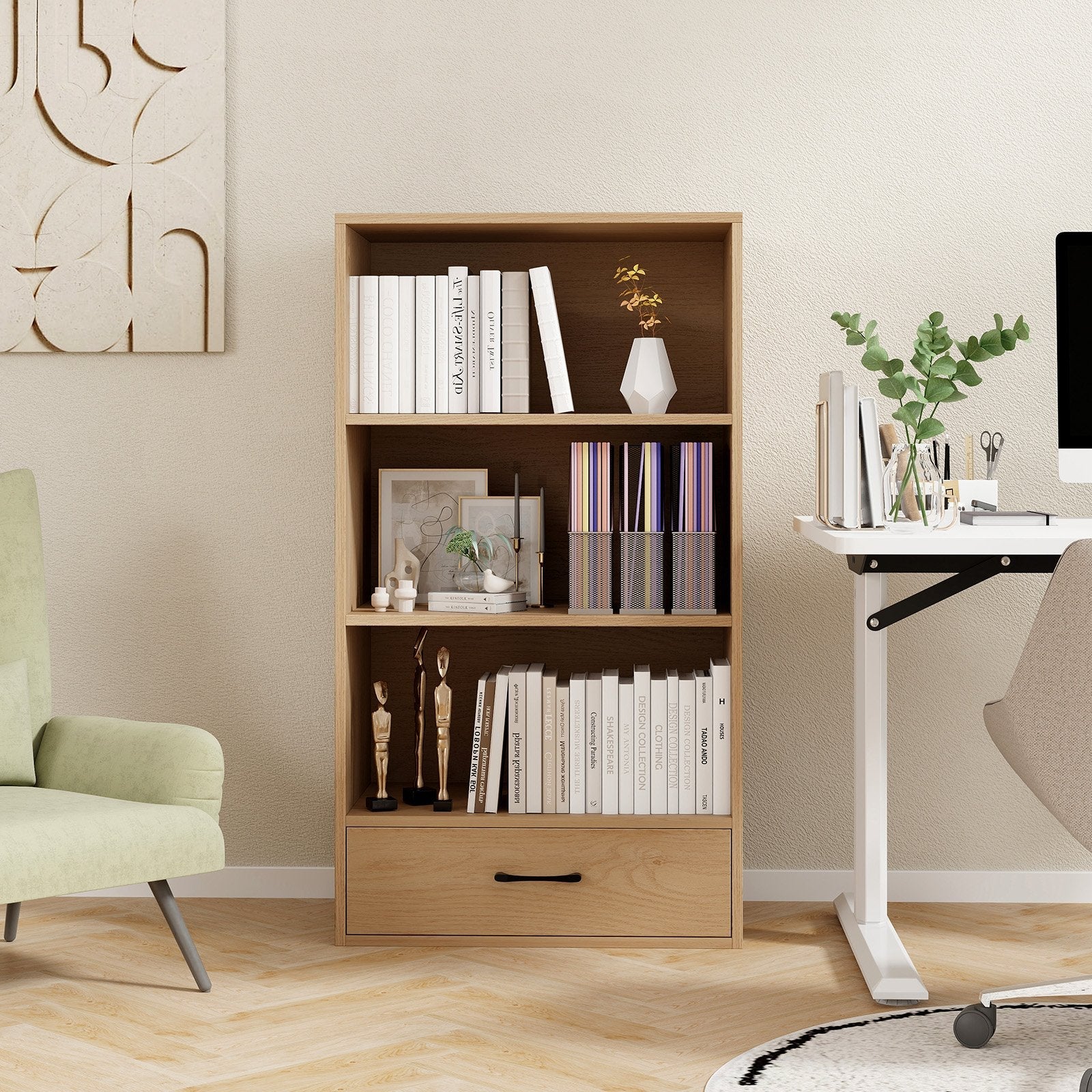 48 Inch Tall 4 Tiers Wood Bookcase with Drawer-Black