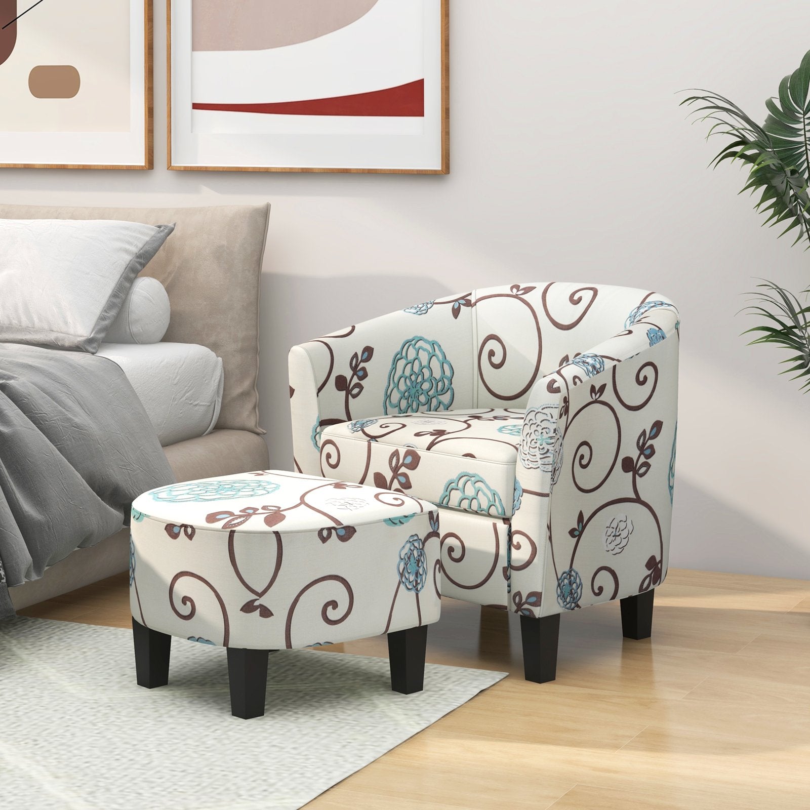 Modern Accent Tub Chair and Ottoman Set with Fabric Upholstered-Beige