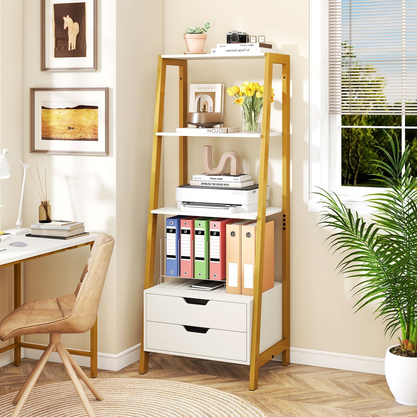 4-Tier Ladder Shelf with 2 Drawers 52.5 Inch Tall Freestanding Bookcase-Rustic Brown