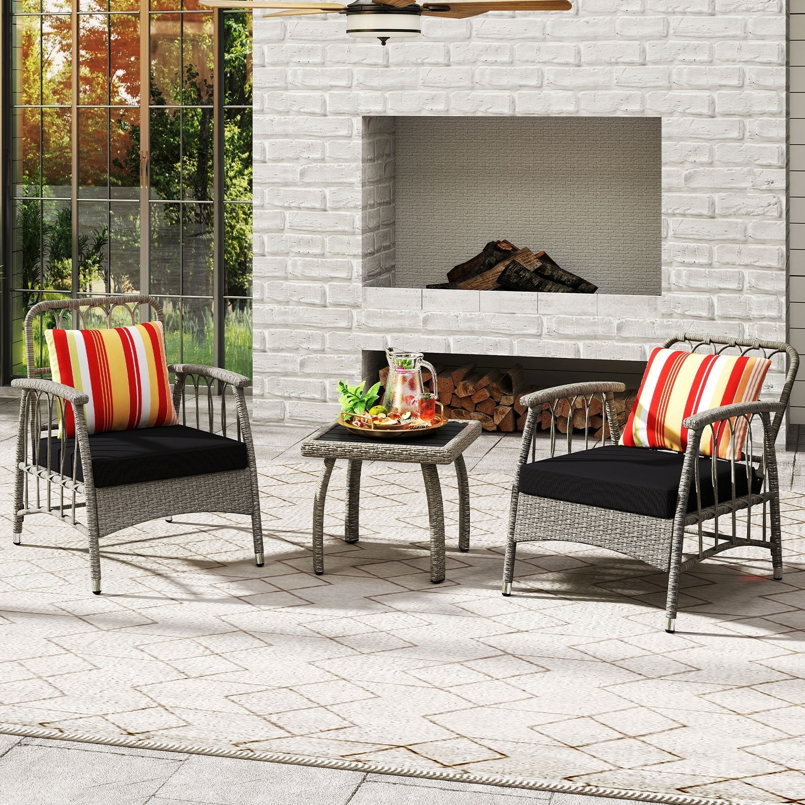3 Pieces Patio PE Wicker Furniture Set with 5-Level Adjustable Backrest-Gray