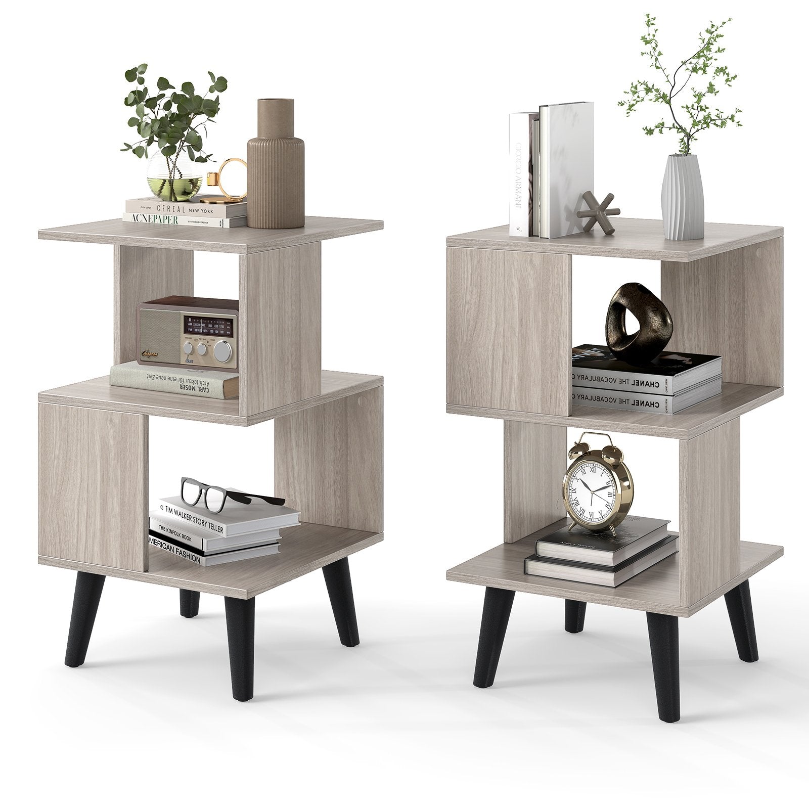 3-Tier Geometric Bookshelf Set of 2 with Open Storage Shelves