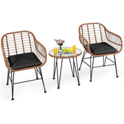 3 Pieces Patio Rattan Bistro Set with Cushion-Black