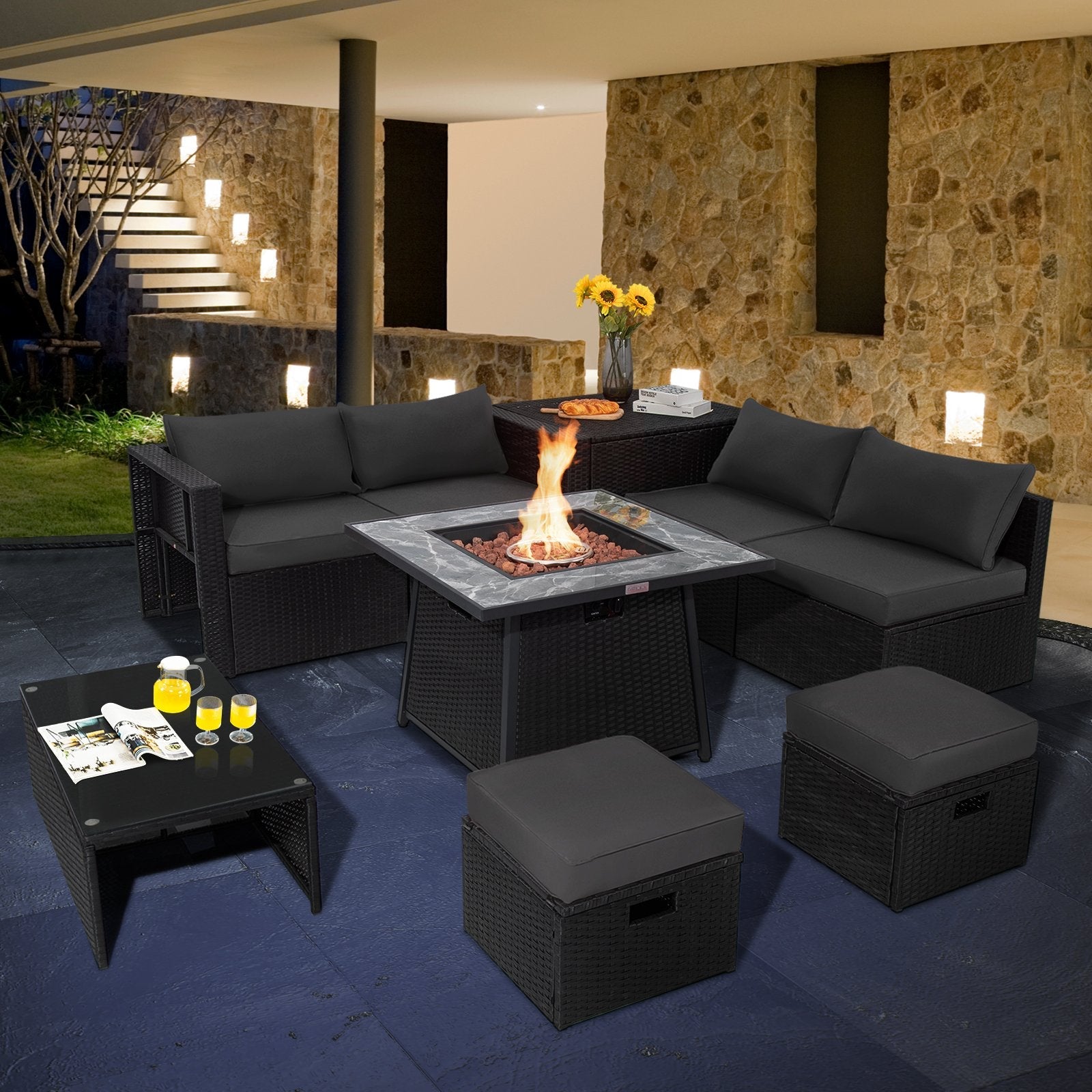 9 Pieces Outdoor Wicker Sectional with 35 Inch Gas Fire Pit Table-Black