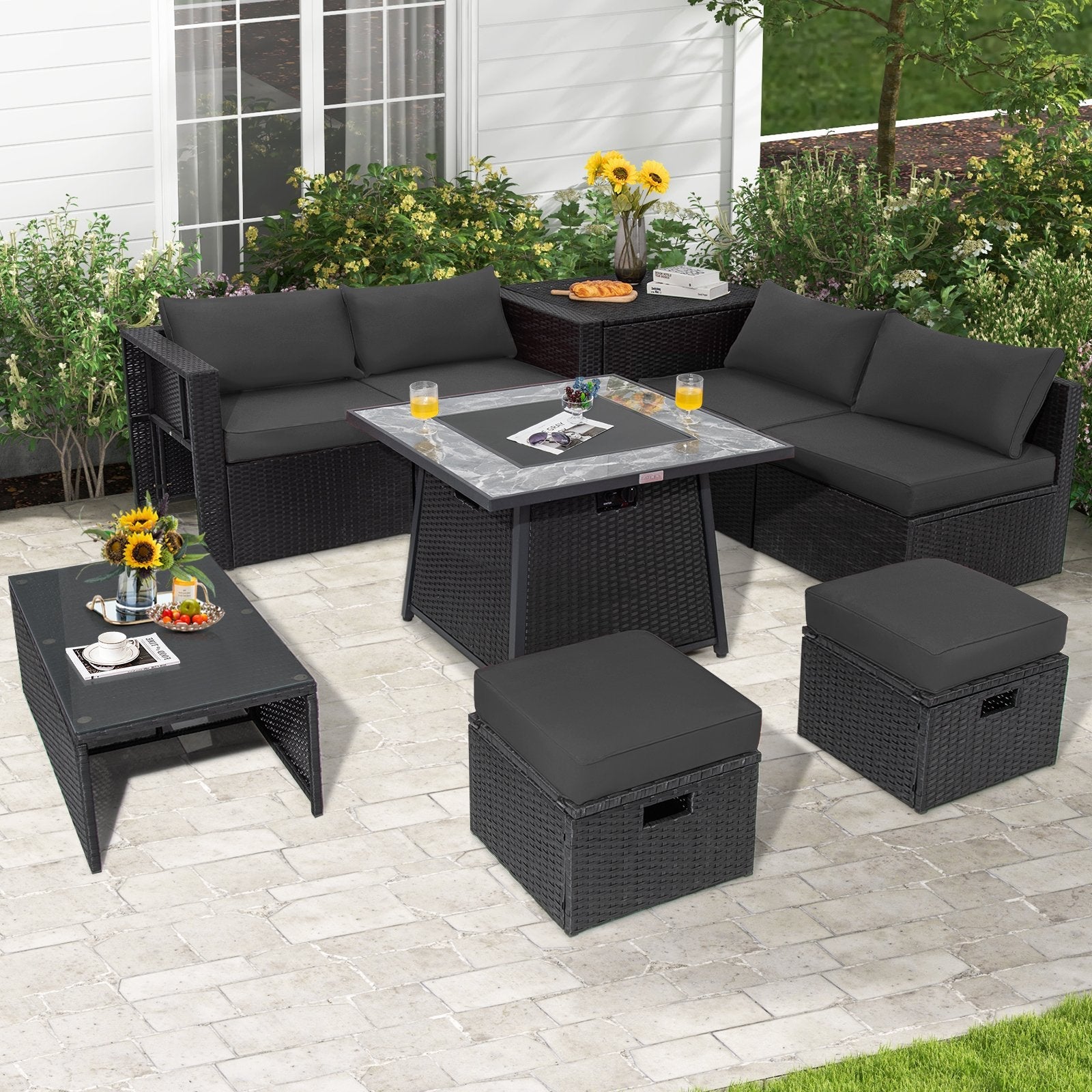 9 Pieces Outdoor Wicker Sectional with 35 Inch Gas Fire Pit Table-Black