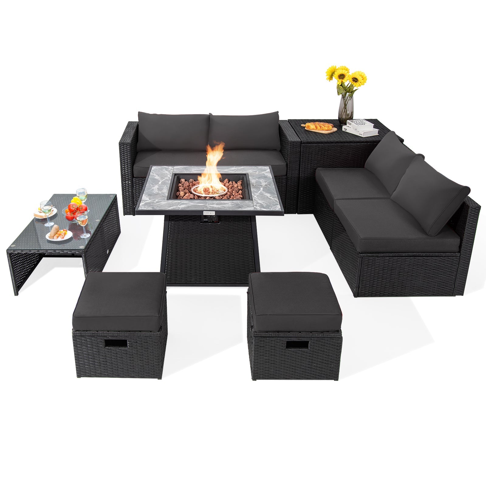 9 Pieces Outdoor Wicker Sectional with 35 Inch Gas Fire Pit Table-Black