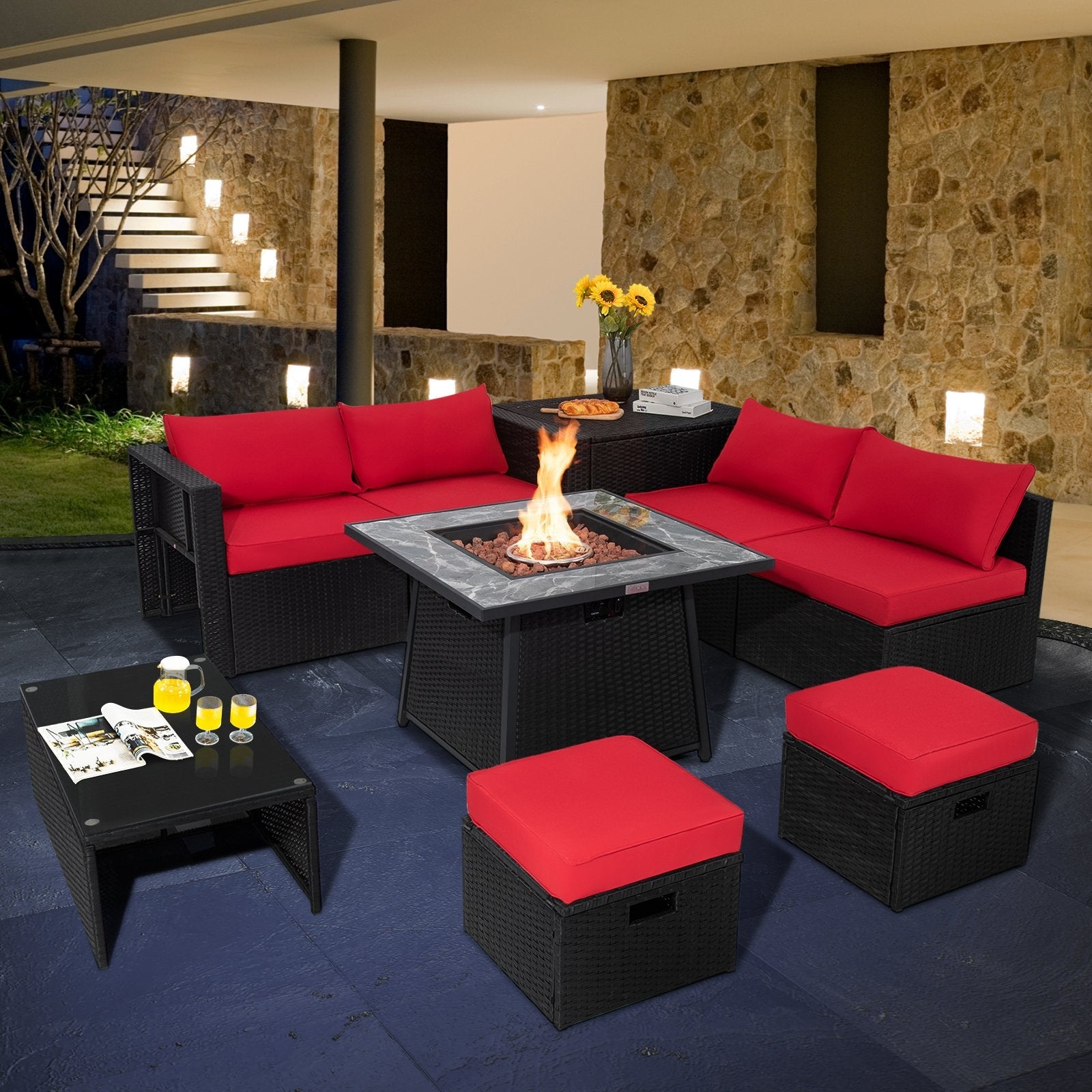 9 Pieces Outdoor Wicker Sectional with 35 Inch Gas Fire Pit Table-Black