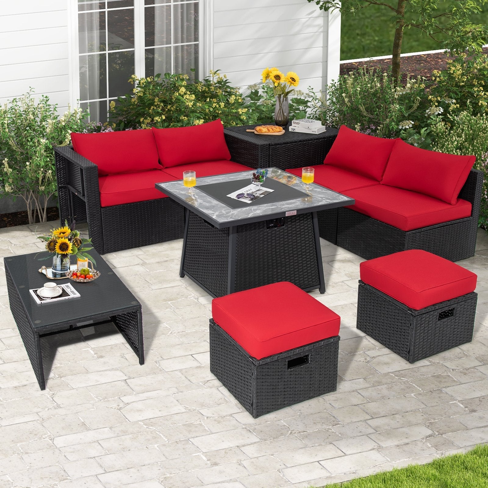 9 Pieces Outdoor Wicker Sectional with 35 Inch Gas Fire Pit Table-Black