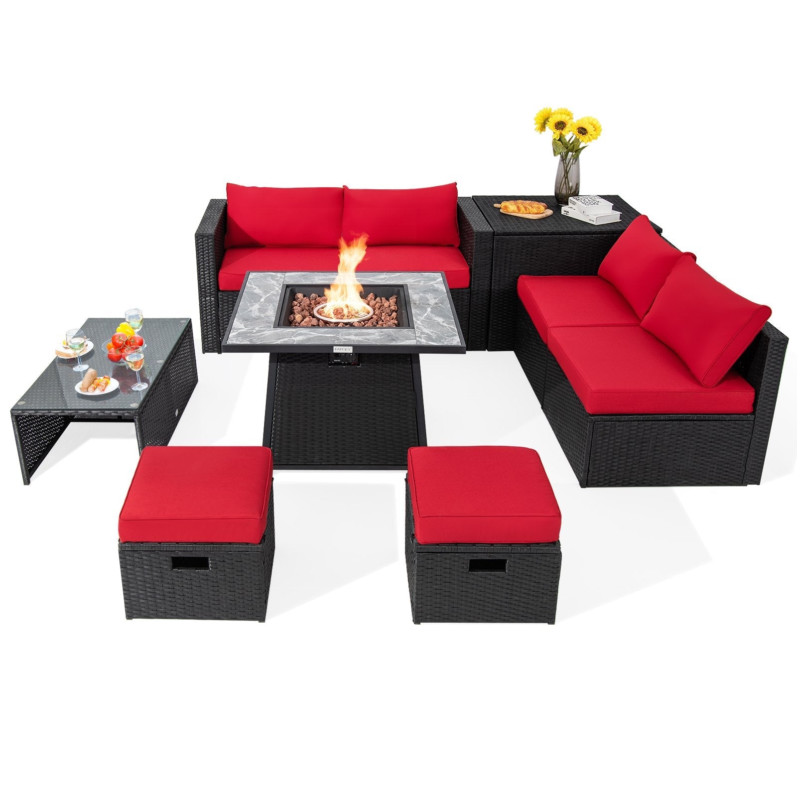 9 Pieces Outdoor Wicker Sectional with 35 Inch Gas Fire Pit Table-Black