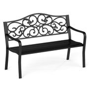 50 Inches Outdoor Cast Iron Metal Patio Bench with Floral Design Backrest and Slatted Seat-Black