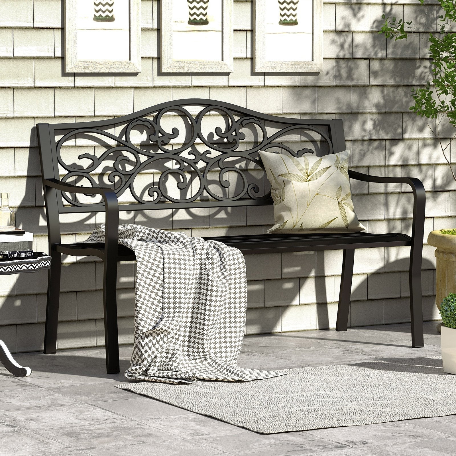 50 Inches Outdoor Cast Iron Metal Patio Bench with Floral Design Backrest and Slatted Seat-Black