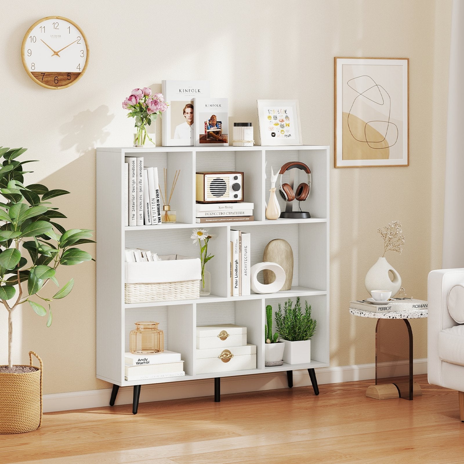 8-Cube Bookcase with 5 Tapered Metal Legs-White