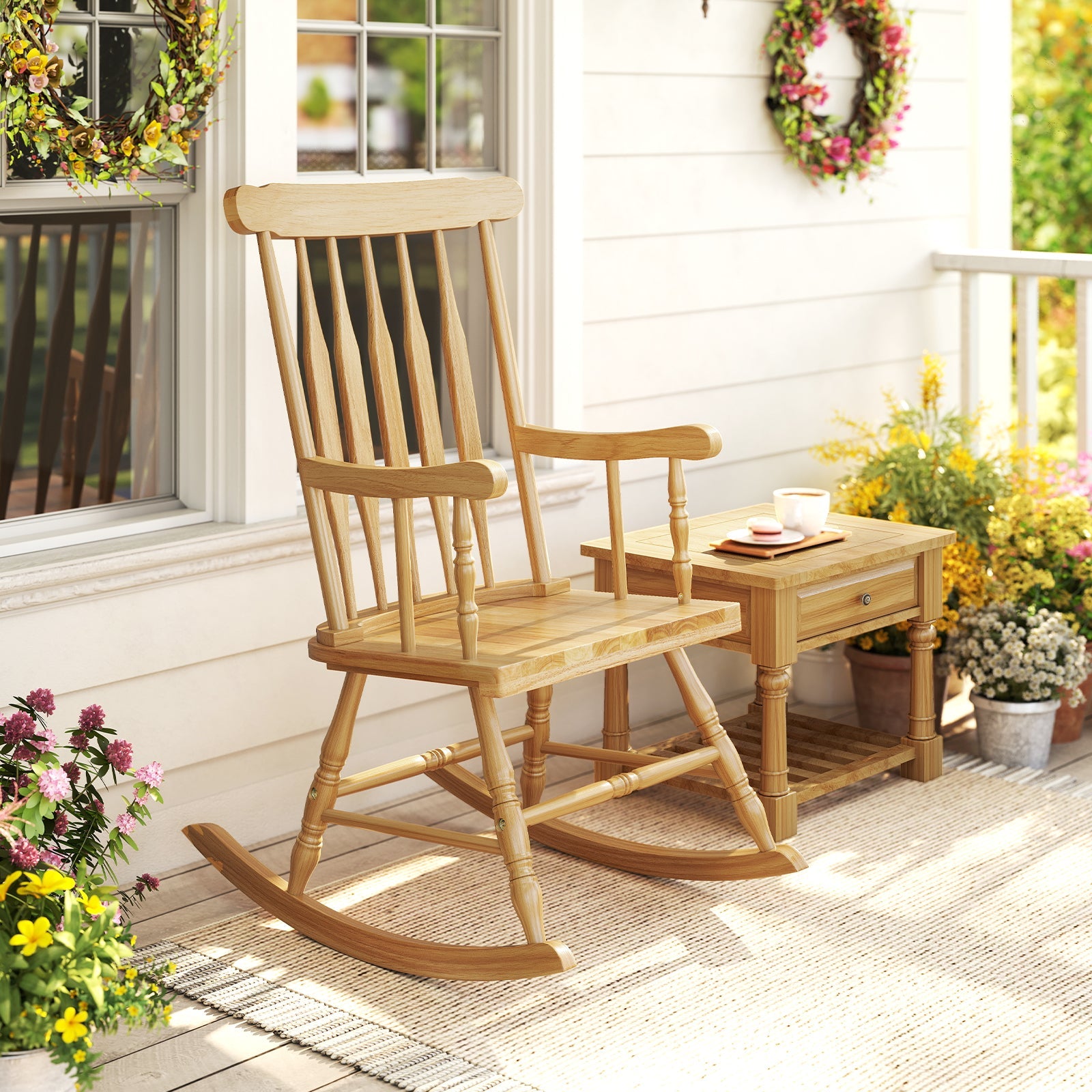 Solid Wood Porch Glossy Finish Rocking Chair-Black