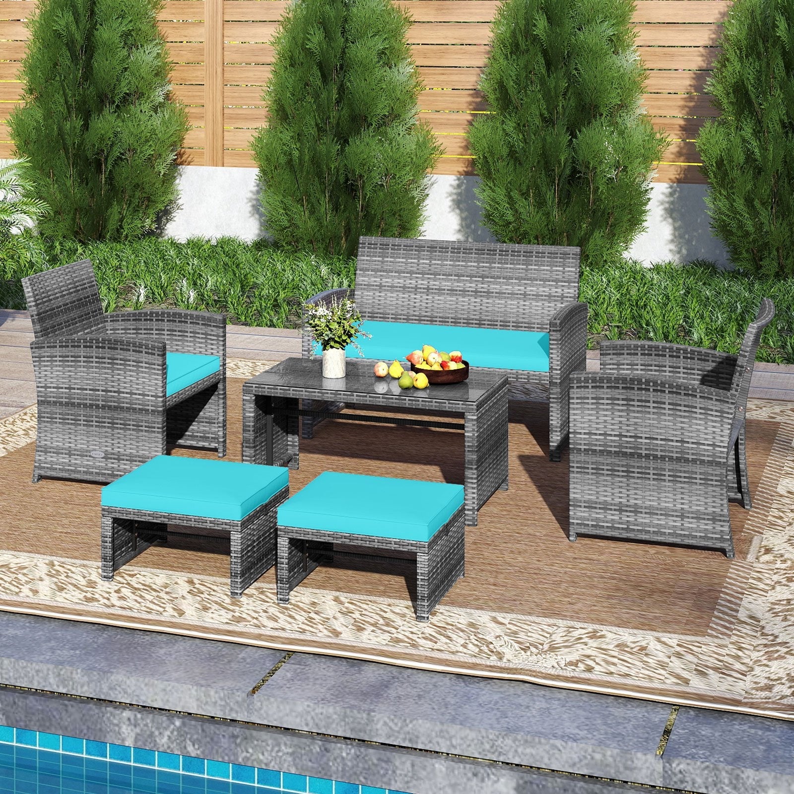 6 Pieces Patio Furniture Set Outdoor Sectional Conversation PE Rattan Sofa Set-Turquoise