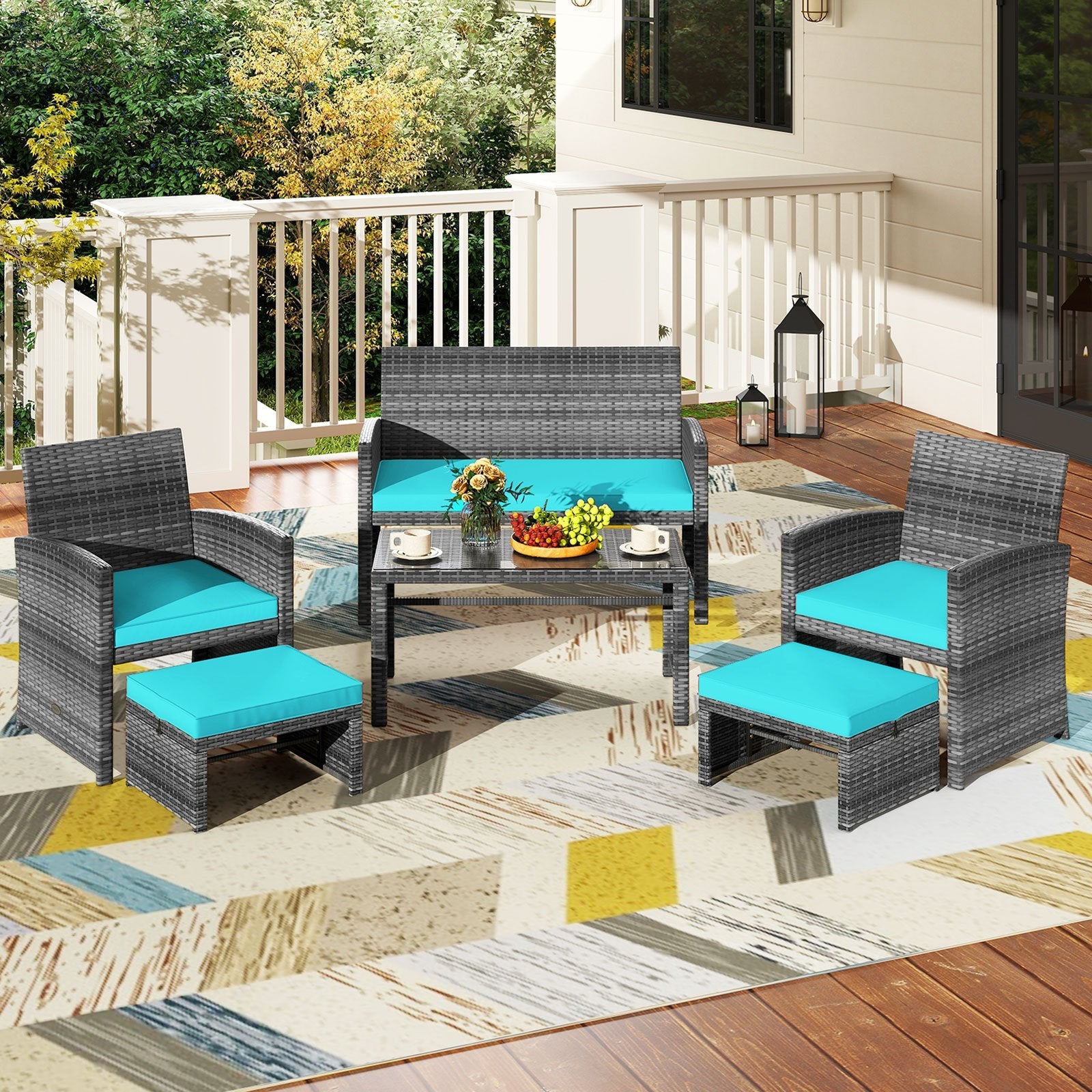 6 Pieces Patio Furniture Set Outdoor Sectional Conversation PE Rattan Sofa Set-Turquoise