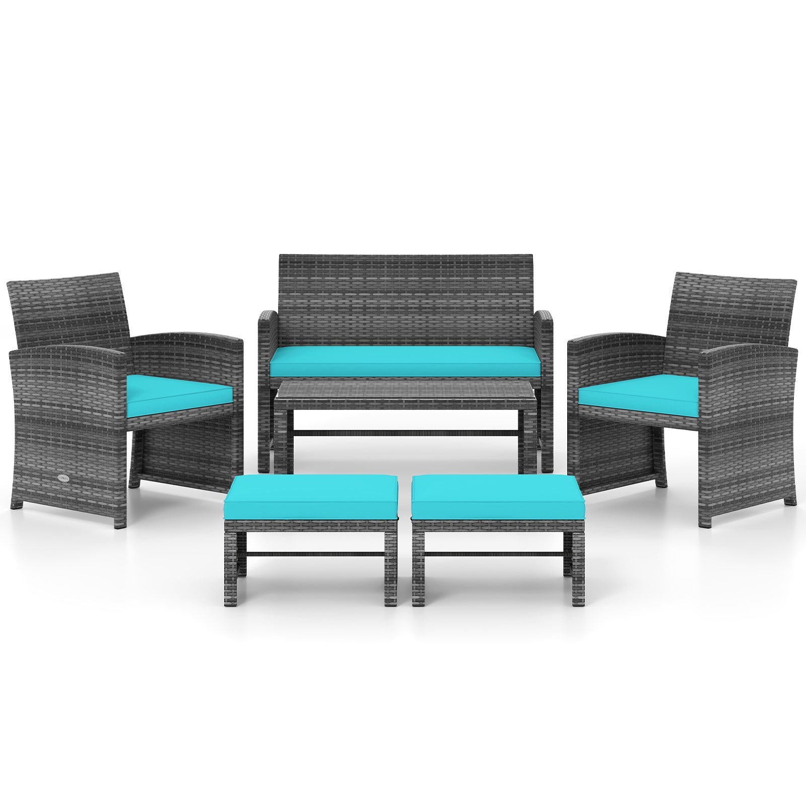 6 Pieces Patio Furniture Set Outdoor Sectional Conversation PE Rattan Sofa Set-Turquoise
