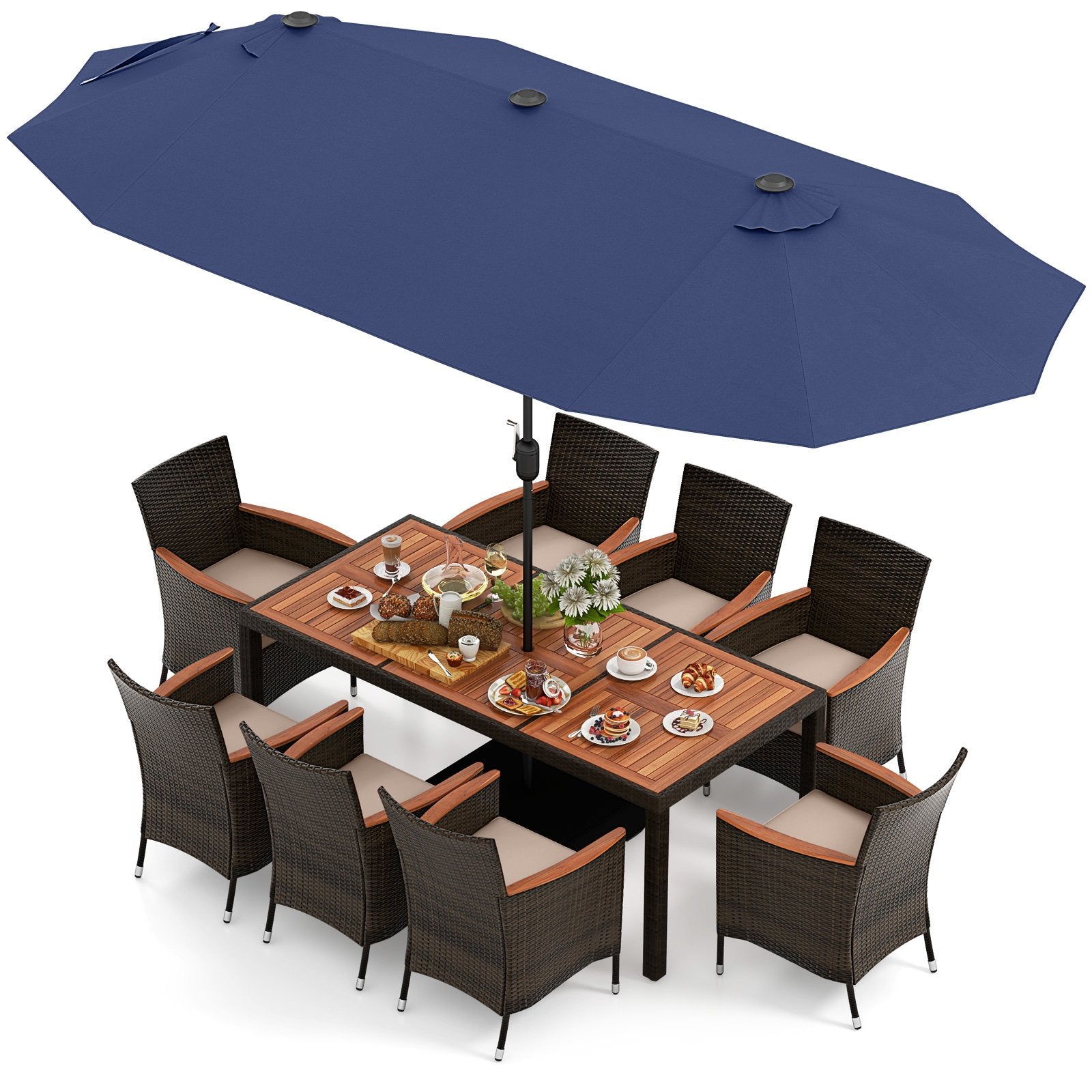 11 Pieces Patio Dining Set with 15 Feet Double-Sided Patio Umbrella and Base-Beige