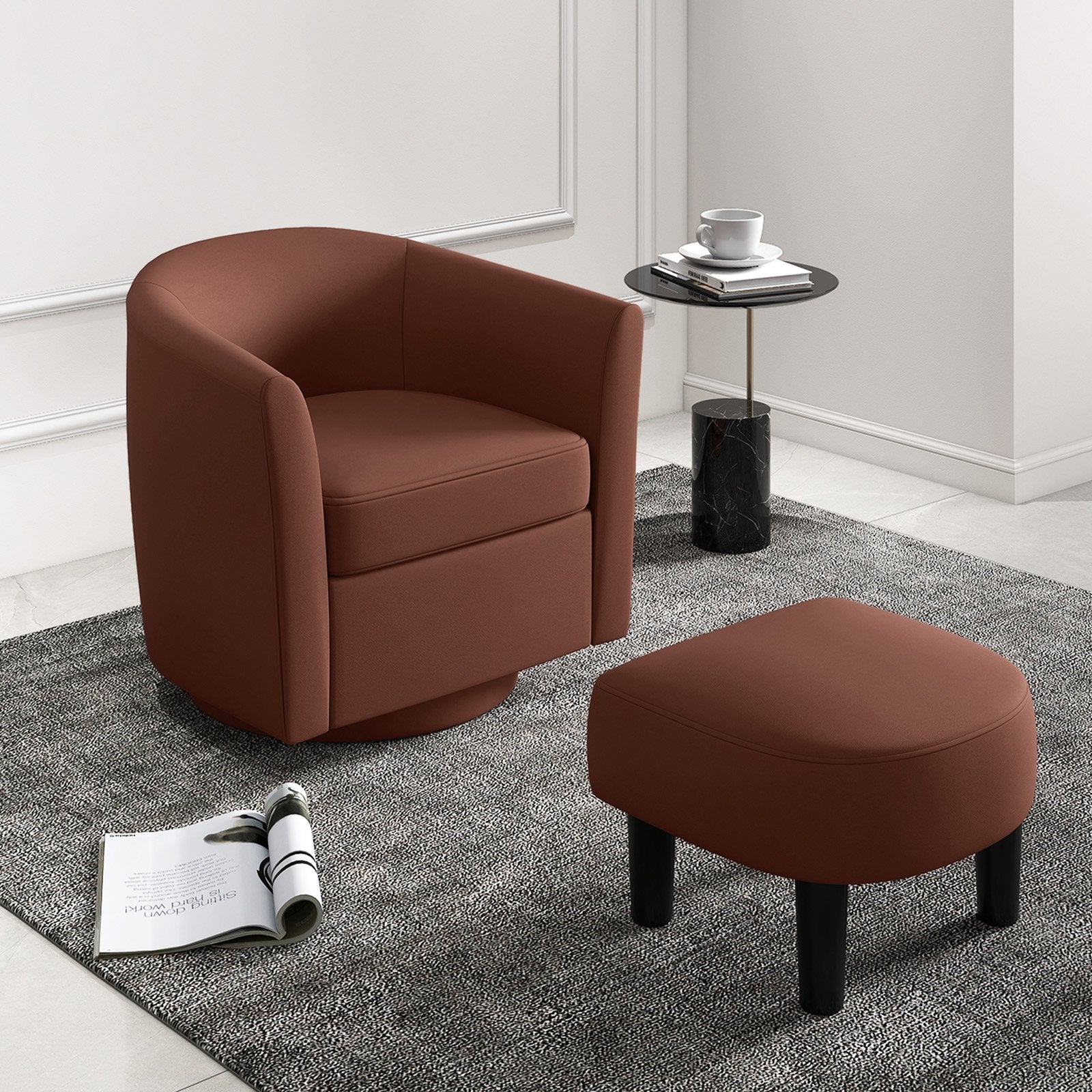Modern Club Swivel Accent Chair with Ottoman Footrest Curved Backrest-Brown