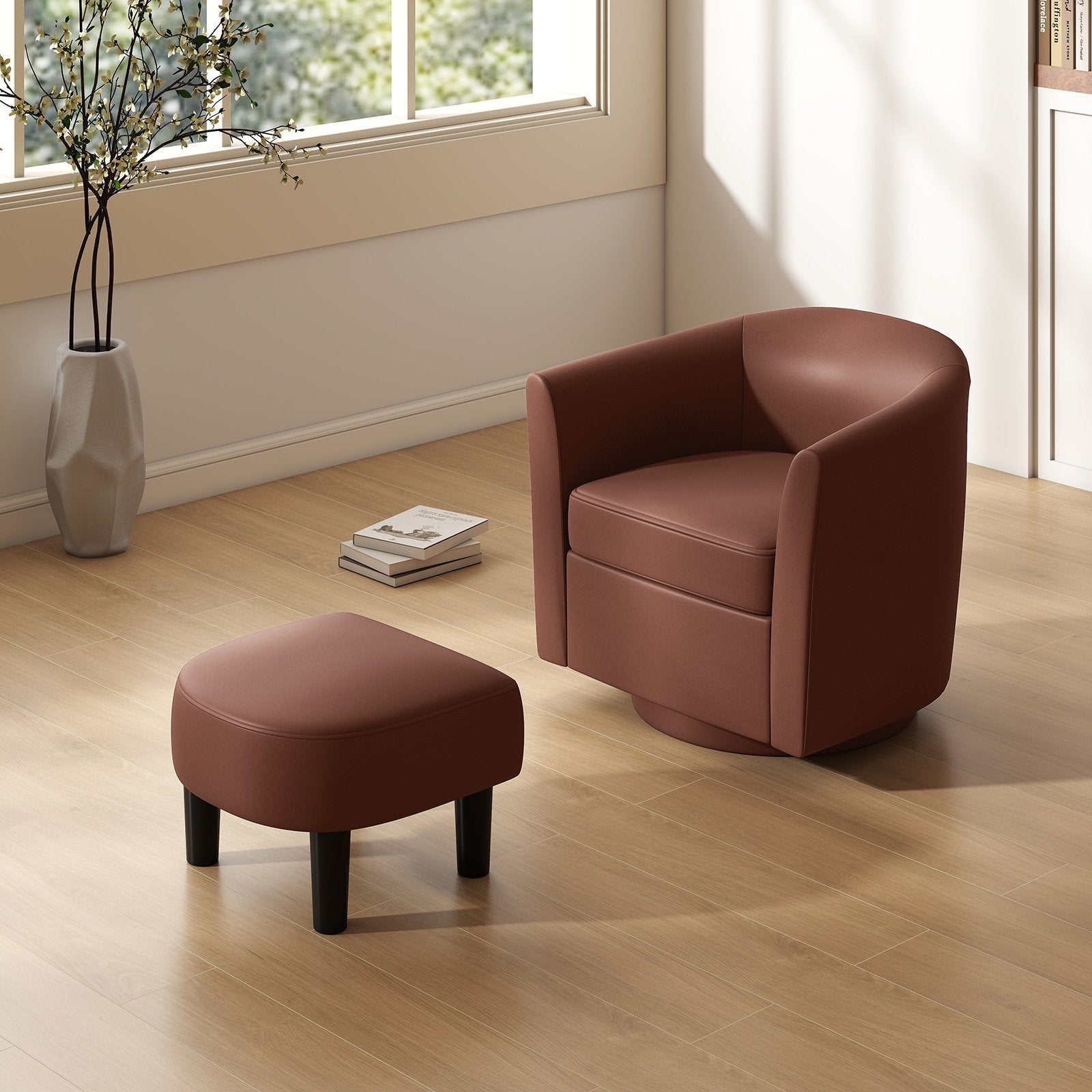 Modern Club Swivel Accent Chair with Ottoman Footrest Curved Backrest-Brown