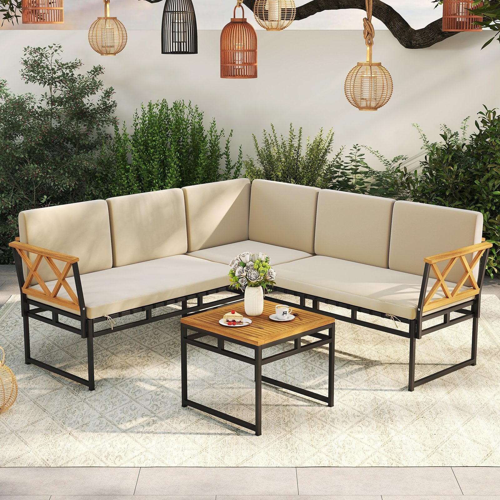 4 Pieces Patio L-Shaped Sofa Set with Cushions and Side Table-Brown