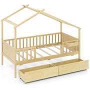 Twin House Bed with 2 Storage Drawers and Roof & Fence Rails-Natural