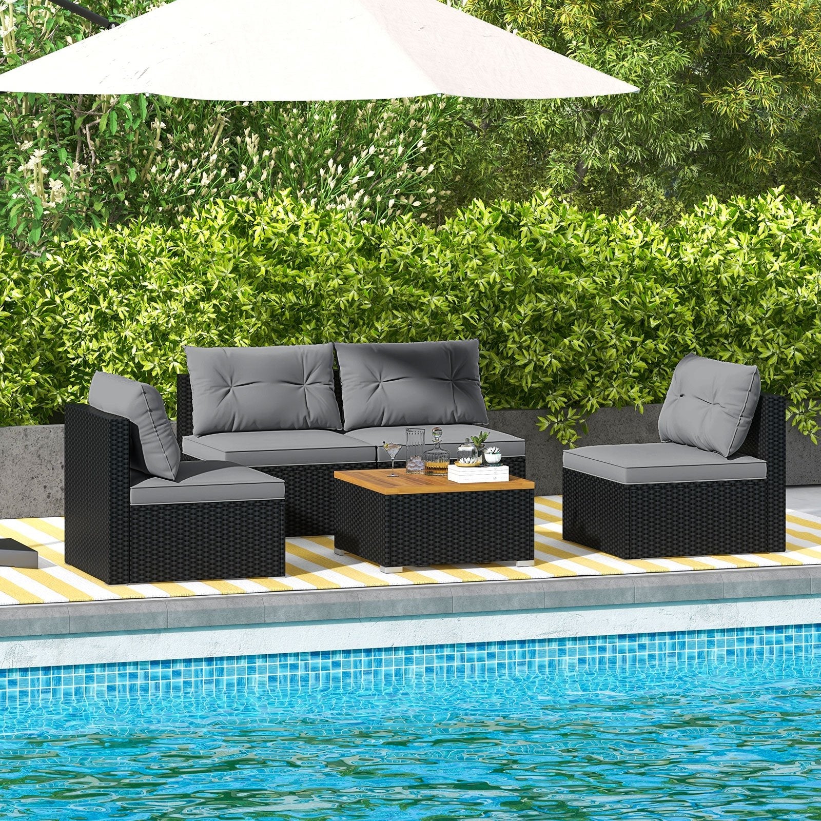 5 Piece Outdoor Furniture Set with Solid Tabletop and Soft Cushions-Black