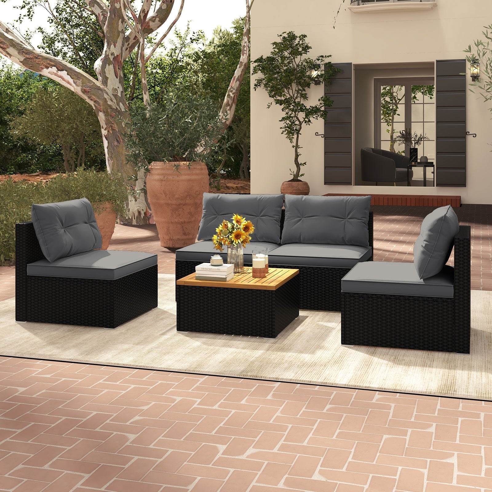 5 Piece Outdoor Furniture Set with Solid Tabletop and Soft Cushions-Black