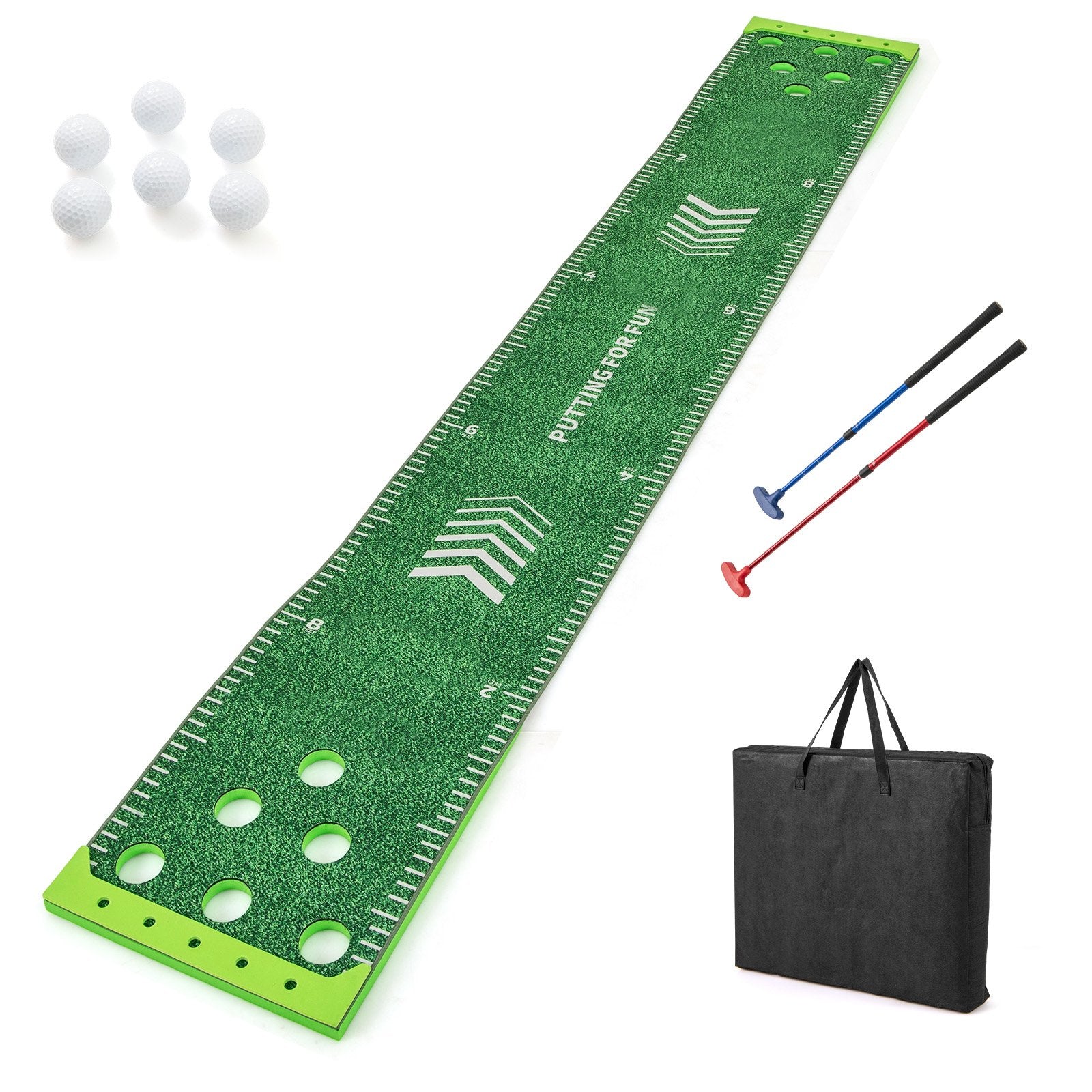 11 FT Putting Green Mat with 2 Adjustable Putters and 6 Balls