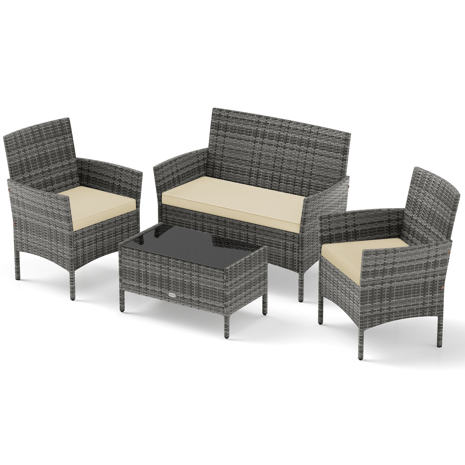 4 Pieces Patio Rattan Conversation Set with Tempered Glass Coffee Table-Beige