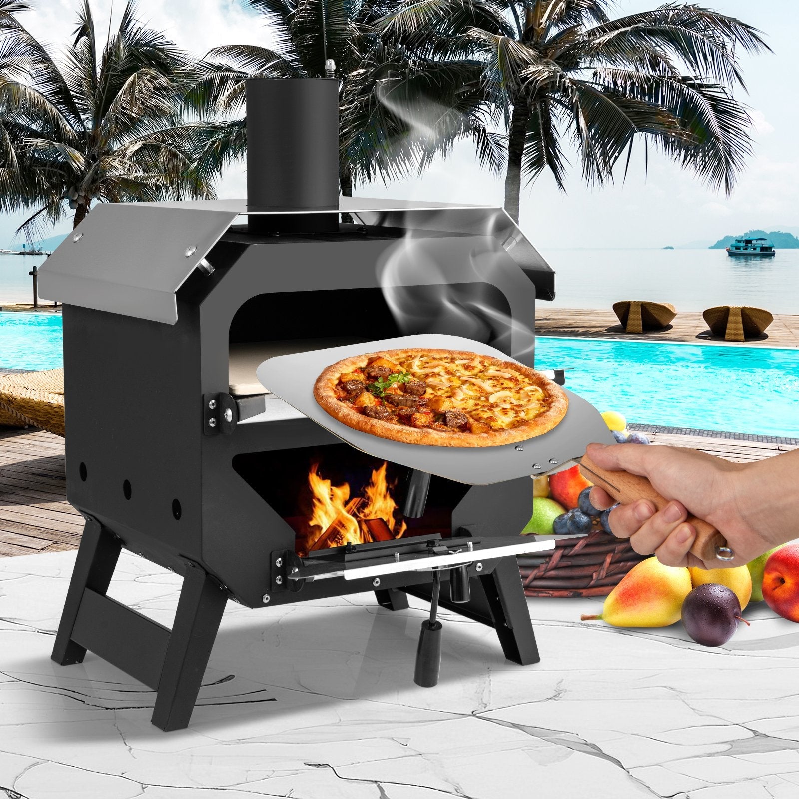 12 Inch Outdoor Pizza Oven with Pizza Stone for Patio Backyard Camping BBQ-Black