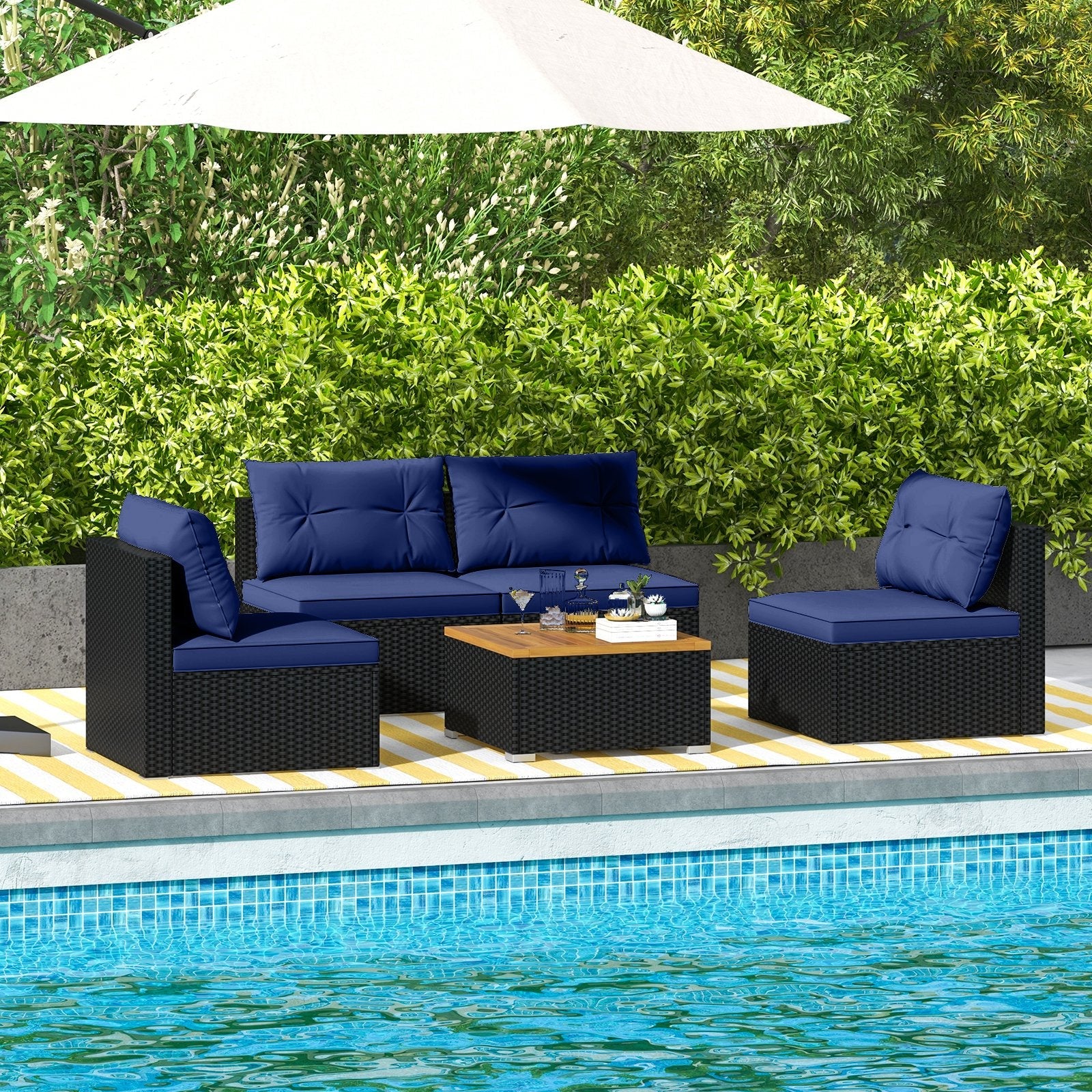 5 Piece Outdoor Furniture Set with Solid Tabletop and Soft Cushions-Black