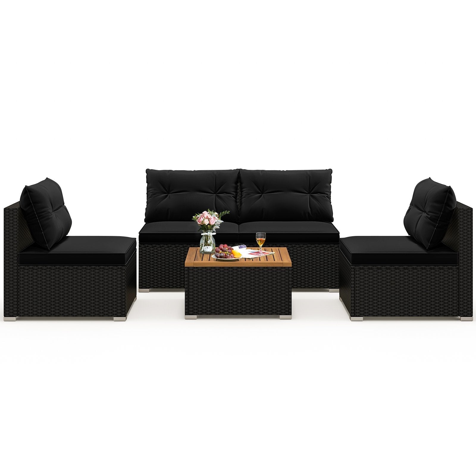 5 Piece Outdoor Furniture Set with Solid Tabletop and Soft Cushions-Black