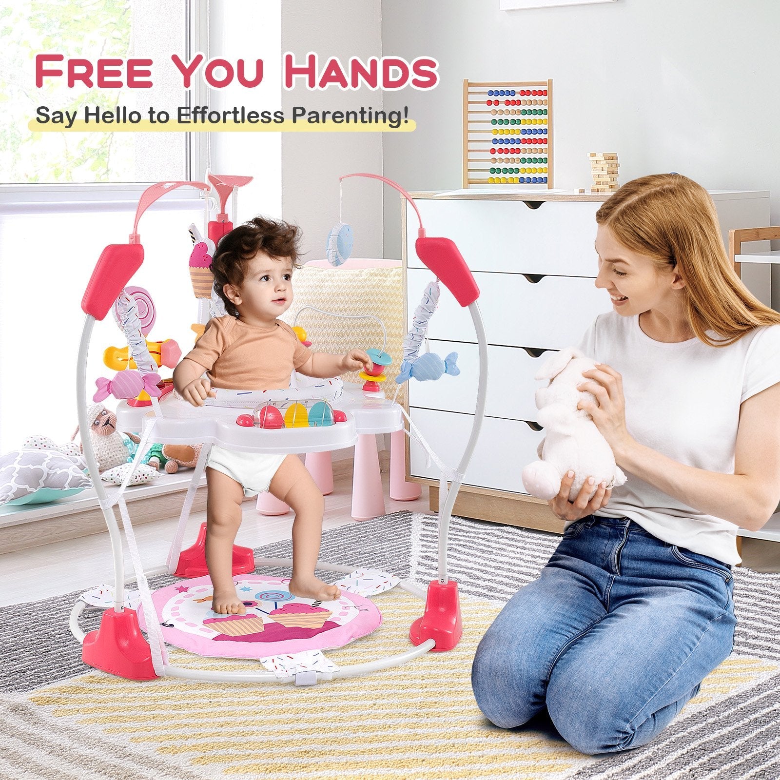 Baby Activity Center Height Adjustable Baby Bouncing Saucer with Interactive Toys-Blue