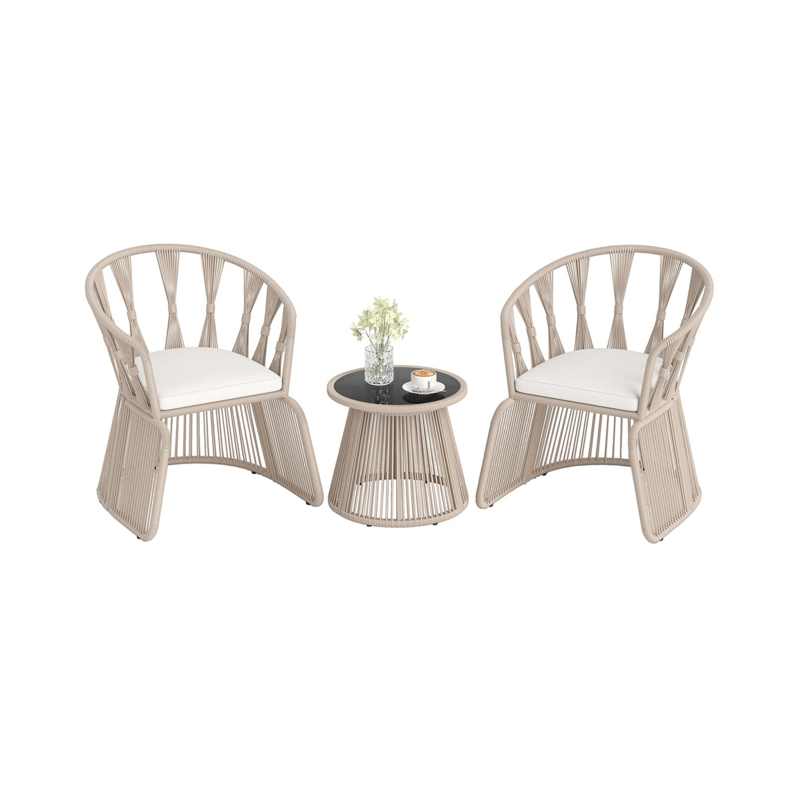 3 Pieces Patio Leisure Chair Set with Rope-Woven Armchairs and Seat Cushions-Off White