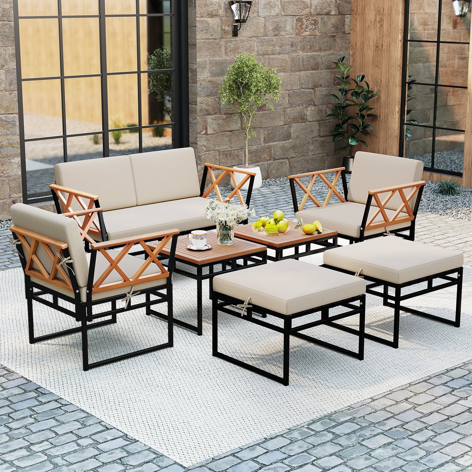 7 Piece Outdoor Conversation Set with Cushions and Bungee Rope Seat-Beige