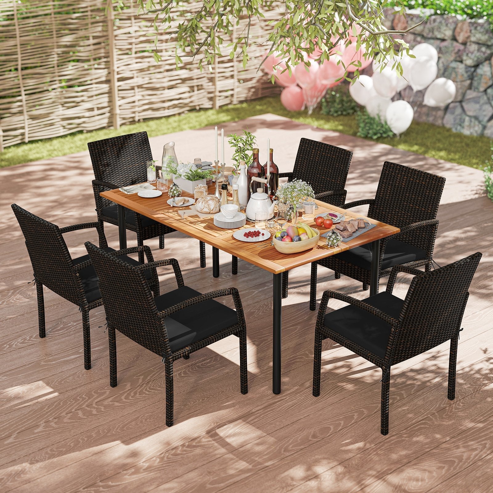 7 Pieces Patio Rattan Cushioned Dining Set with Umbrella Hole-Black