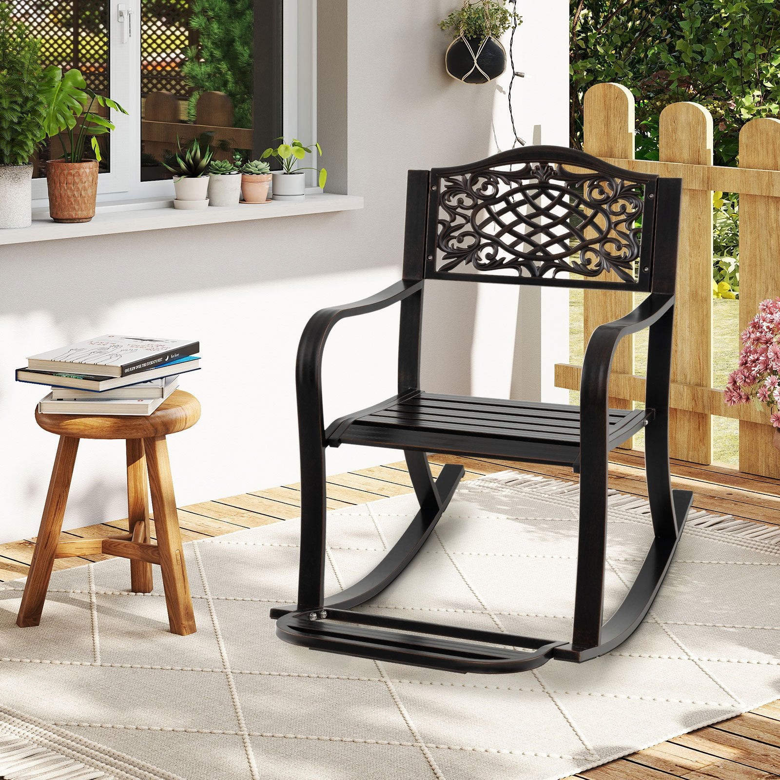 Patio Rocking Chair with Footrest and Curved Armrests-Brown