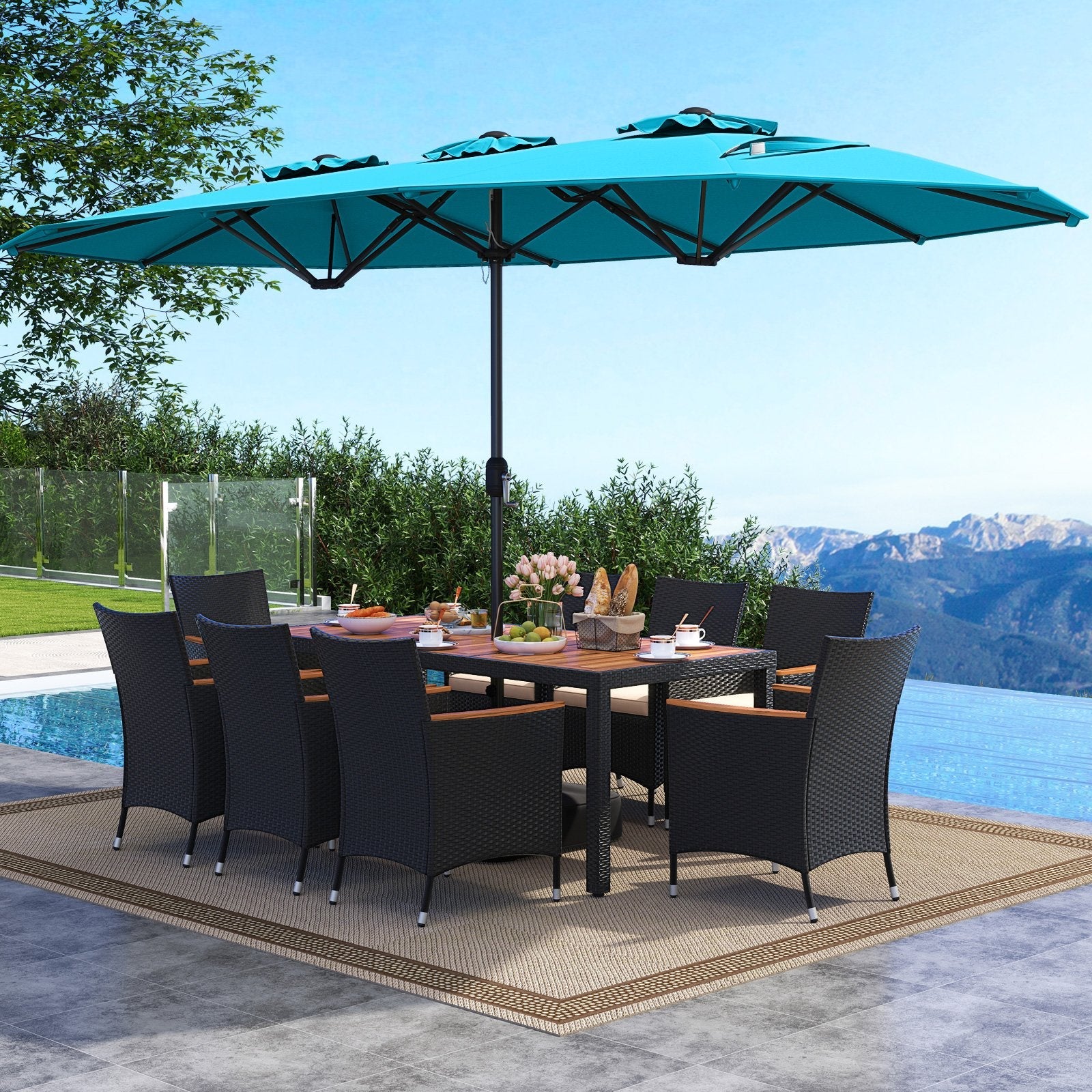 10 Piece Outdoor Dining Set with 15 Feet Double-Sided Twin Umbrella-Beige