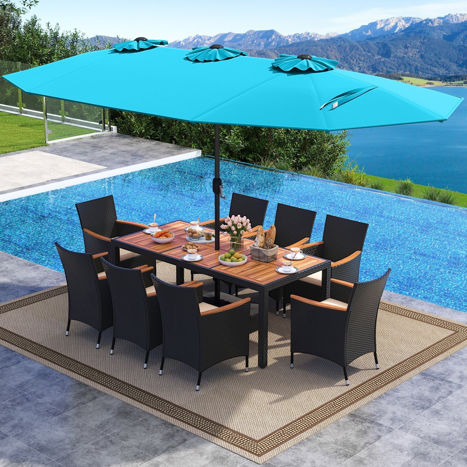 10 Piece Outdoor Dining Set with 15 Feet Double-Sided Twin Umbrella-Beige