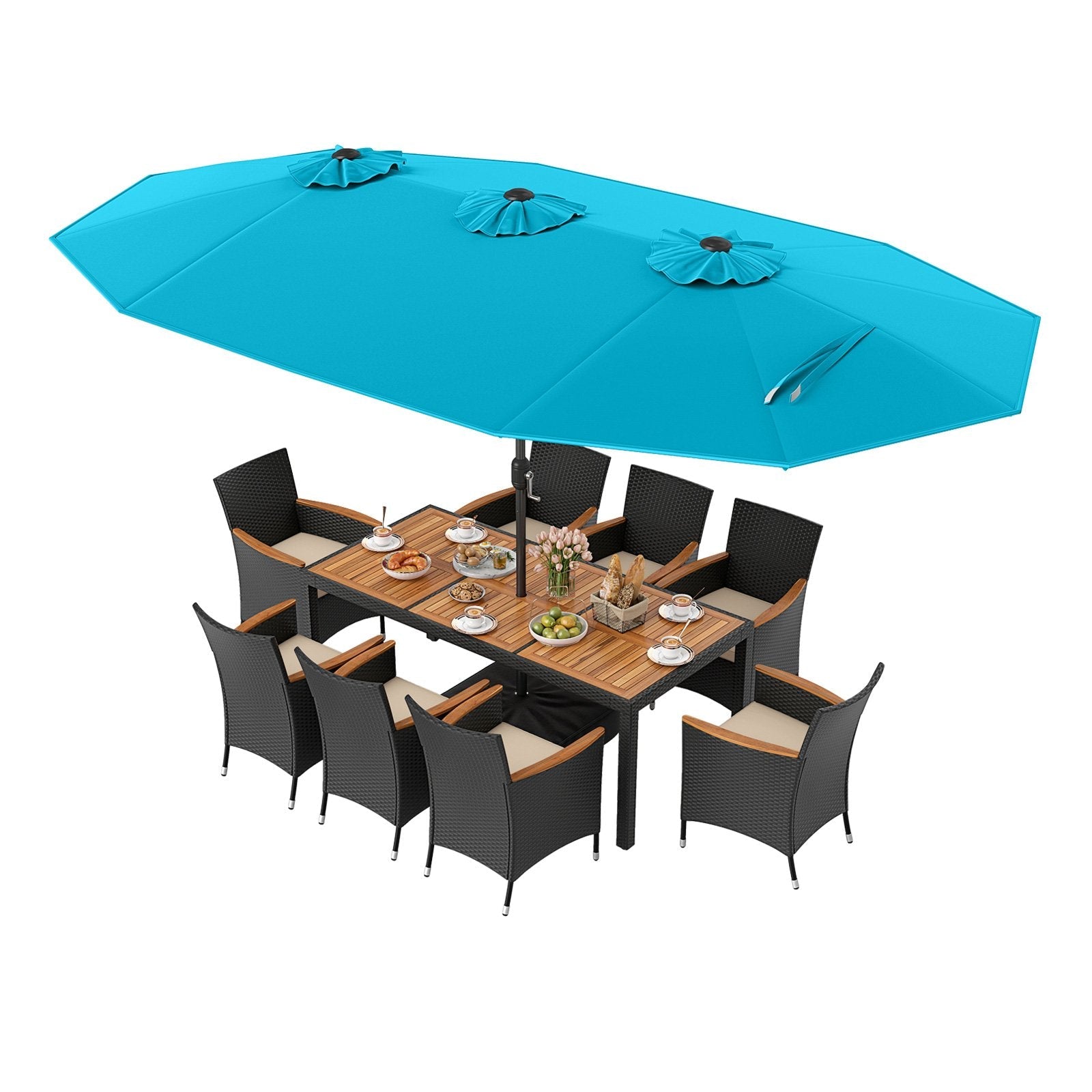 10 Piece Outdoor Dining Set with 15 Feet Double-Sided Twin Umbrella-Beige