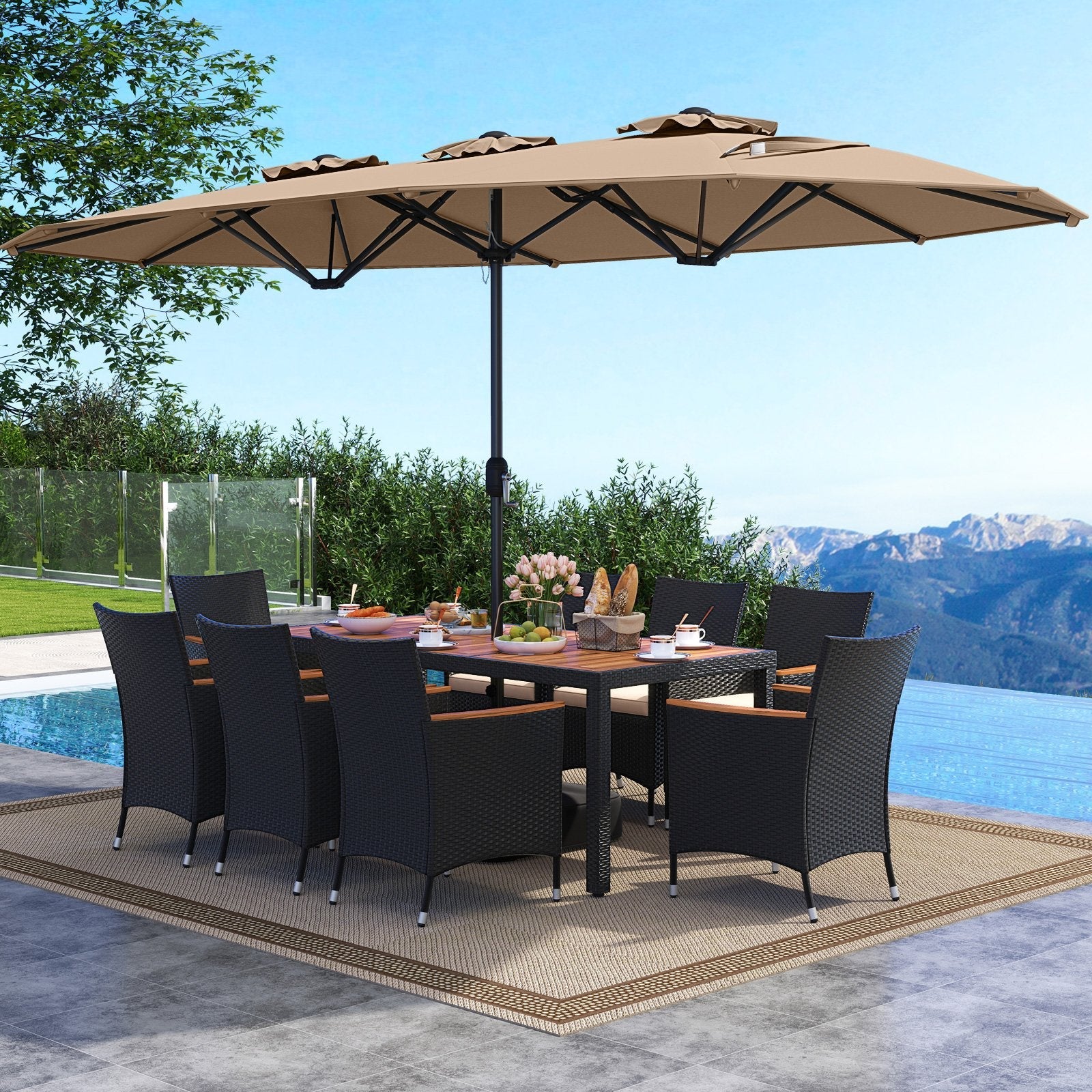 10 Piece Outdoor Dining Set with 15 Feet Double-Sided Twin Umbrella-Beige