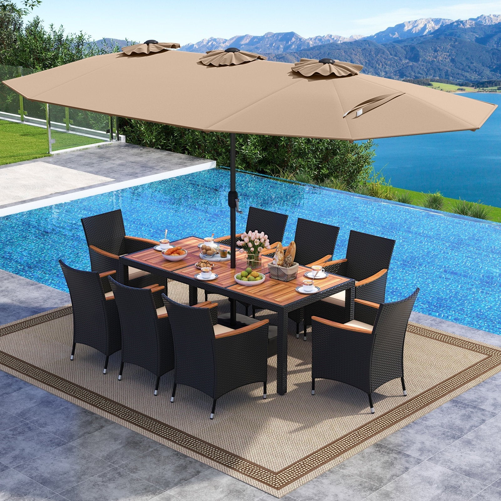10 Piece Outdoor Dining Set with 15 Feet Double-Sided Twin Umbrella-Beige