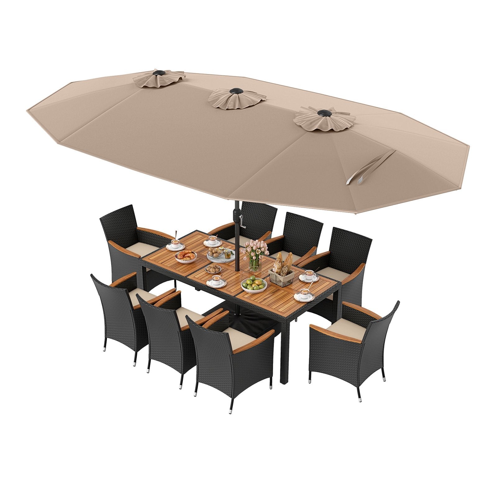 10 Piece Outdoor Dining Set with 15 Feet Double-Sided Twin Umbrella-Beige