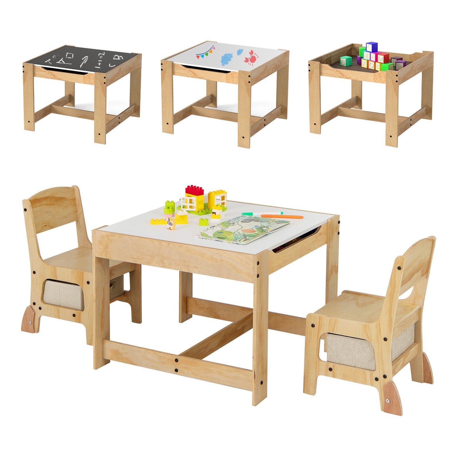 3 in 1 Kids Table and Chair Set with Removable Tabletop and 2 Storage Drawers-Gray
