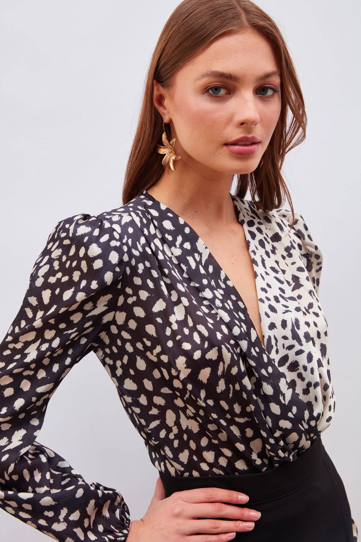 Silk Double-Breasted Patterned Bodysuit - Black and White