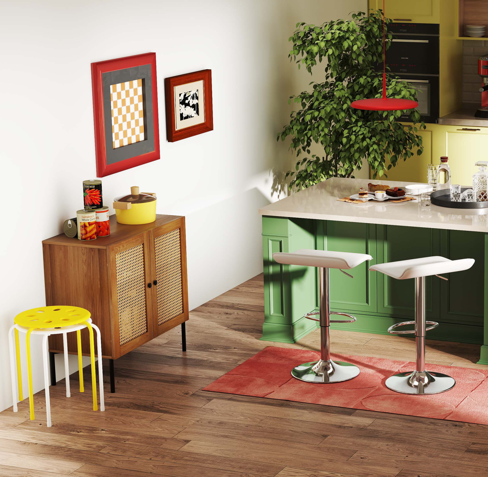 5-Piece Kitchen & Dining Bundle: Adjustable Bar Stools (Set of 2) + Stackable Stools (Set of 6) + Rattan Storage Sideboard