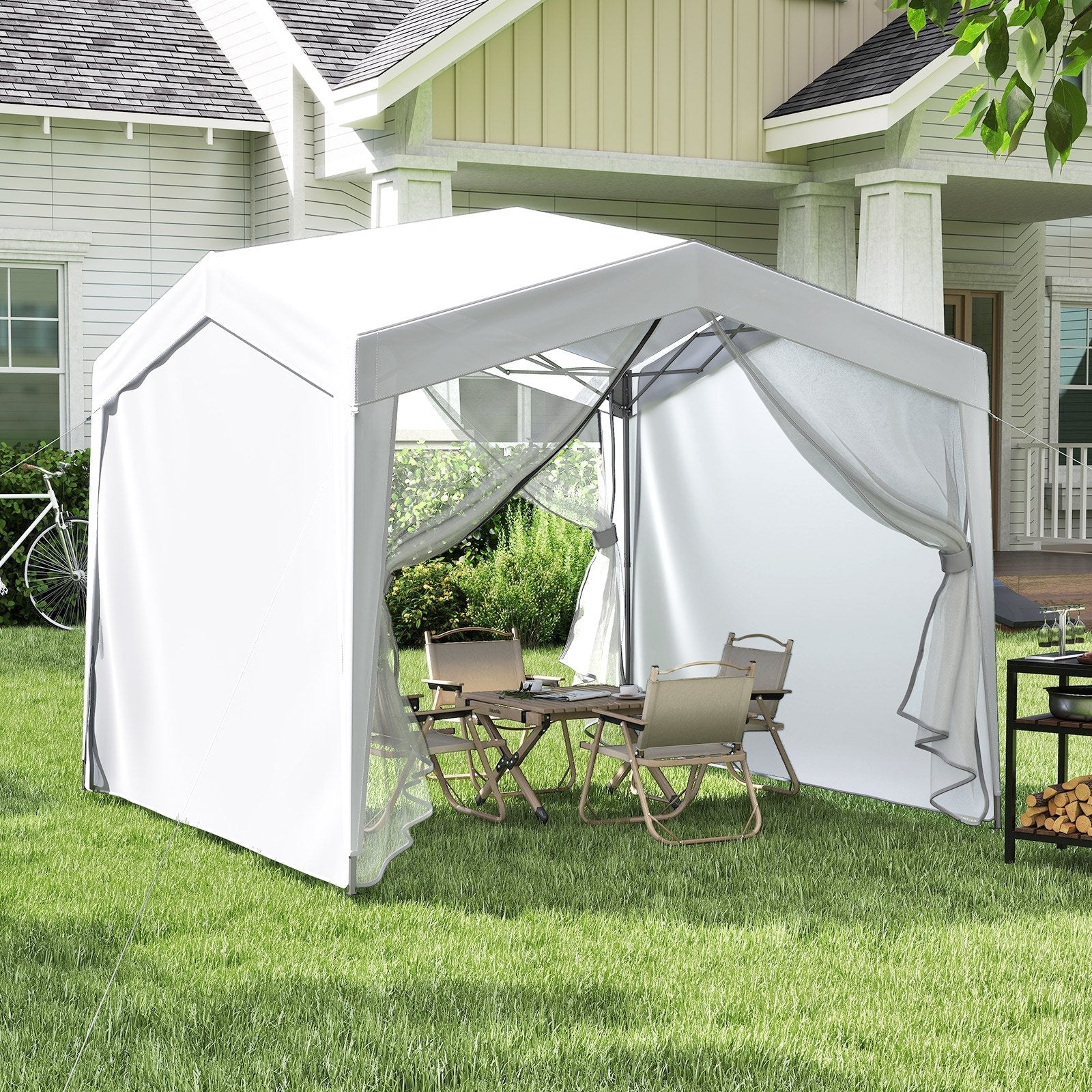 Pop up Canopy Tent wiht 4 Sidewalls Mesh Netting Wheeled Bag-White